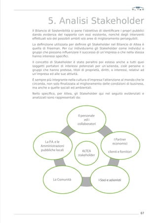 5. Analisi Stakeholder
Il Bilancio di Sostenibilità si pone l’obiettivo di identiﬁcare i propri pubblici
dando evidenza del rapporto con essi esistente, nonché degli interventi
effettuati e/o dei possibili ambiti e/o aree di miglioramento perseguibili.

La deﬁnizione utilizzata per deﬁnire gli Stakeholder nel Bilancio di Altea è
quella di Freeman. Per cui individuiamo gli Stakeholder come individui o
gruppi che possono inﬂuenzare il successo di un’impresa o che nella stessa
hanno interessi speciﬁci.

Il concetto di Stakeholder è stato peraltro poi esteso anche a tutti quei
soggetti portatori di interessi potenziali per un’azienda, cioè persone o
gruppi che hanno pretese, titoli di proprietà, diritti, o interessi, relativi ad
un’impresa ed alle sue attività.

È sempre più integrante nella cultura d’impresa l’attenzione al mondo che le
circonda, non solo ﬁnalizzata al miglioramento delle condizioni di business,
ma anche a quelle sociali ed ambientali.

Nello speciﬁco, per Altea, gli Stakeholder qui nel seguito evidenziati e
analizzati sono rappresentati da:




                                Il personale
                                     ed i
                                collaboratori



                                                            I Partner
        La P.A. e le                                       economici
      Amministrazioni
      pubbliche locali              ALTEA              clienti e fornitori
                                 stakeholder




               La Comunità                      I Soci e azionisti




                                                                              67
 