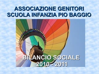 ASSOCIAZIONE GENITORI
SCUOLA INFANZIA PIO BAGGIO




    BILANCIO SOCIALE
        2010 - 2011
 