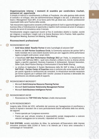 31 
Organizzazione interna: i momenti di scambio per condividere risultati, 
occasioni ed opportunità 
Il compito di indirizzo e coordinamento è affidato al Presidente, che nella gestione delle attività 
di controllo e di sviluppo, oltre che dall’Amministratore Delegato e dai soci, è affiancato da un 
board, il Management Team (MT), di cui fanno parte l’AD, gli stessi soci, nonché i professionisti 
responsabili delle varie Practice della società. 
Tale meccanismo organizzativo consente un’efficace gestione di rischi e opportunità legati al core 
business Altea e l’individuazione di opportunità e rispettivi rischi connessi ad azioni di sviluppo e 
crescita dei servizi di consulenza verso il mercato. 
Periodicamente vengono organizzati incontri al fine di condividere obiettivi e risultati, nonché 
per integrare e coordinare i singoli ruoli e le diverse Business Unit e Practice. Nello specifico: 
Management Meeting, Business Unit Meeting, Sales Meeting 
Riconoscimenti professionali 
RICONOSCIMENTI SAP 
• Gold Value Added Reseller Partner di tutto il portafoglio di soluzioni SAP 
• Membro del SAP Partner Excellence Circle, la Community esclusiva dei partner SAP a 
livello mondiale che si sono distinti durante l’anno per aver raggiunto ottime performance 
legate ai progetti svolti presso i propri clienti. 
• 1°classificata SAP Best Performance Challenge 2013 per l’Italia, la competizione tra 
i partner SAP dell’area EMEA, i quali sono chiamati a sfidarsi tra loro su diverse attività 
legate a specifici argomenti: Business Expansion & Achievement, Demand Generation, 
Sales Cycle, Best Practice Sharing e Communication & Social Media Sharing. 
• La struttura di Application & System Maintenance della BU SAP di Altea è certificata 
SAP PCoE – Partner Center of Expertise ossia è conforme alle norme stabilite da SAP 
per quanto riguarda la certificazione dei consulenti, le infrastrutture tecniche necessarie 
per fornire supporto per il software SAP, nonché i processi di business e deliverable che 
garantiscono una elevata qualità di supporto. 
RICONOSCIMENTI MICROSOFT 
• Microsoft Gold Enterprise Resource Planning Partner 
• Microsoft Gold Customer Relationship Management Partner 
• Microsoft Gold Business Intelligence Partner 
RICONOSCIMENTI INFOR 
• Riconosciuta tra i TOP FIVE Infor Partner a livello internazionale 
ALTRI RICONOSCIMENTI 
Insignita dalla CCIAA del VCO, nell’ambito del concorso per l’assegnazione di onorificenze a 
favore di imprese e lavoratori che si sono particolarmente distinti nell’ambito della loro attività, 
dei seguenti: 
• Premio speciale per il progresso economico 
• Premio per aver attivato iniziative di responsabilità sociale impegnandosi a costruire 
relazioni vantaggiose con la comunità, i dipendenti ed i fornitori. 
PLM SYSTEMS, società controllata da Altea, ha partecipato all’Osservatorio delle Imprese 
Innovative promosso dalla CCIAA di Torino e ha ottenuto per il terzo anno consecutivo il 
contrassegno di “innovatività”. 
 