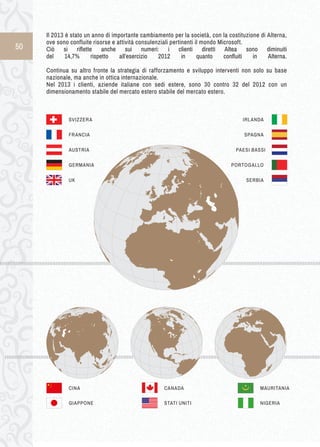 50 
Il 2013 è stato un anno di importante cambiamento per la società, con la costituzione di Alterna, 
ove sono confluite risorse e attività consulenziali pertinenti il mondo Microsoft. 
Ciò si riflette anche sui numeri: i clienti diretti Altea sono diminuiti 
del 14,7% rispetto all’esercizio 2012 in quanto confluiti in Alterna. 
Continua su altro fronte la strategia di rafforzamento e sviluppo interventi non solo su base 
nazionale, ma anche in ottica internazionale. 
Nel 2013 i clienti, aziende italiane con sedi estere, sono 30 contro 32 del 2012 con un 
dimensionamento stabile del mercato estero stabile del mercato estero. 
SVIZZERA 
AUSTRIA 
FRANCIA 
GERMANIA 
UK 
SPAGNA 
SERBIA 
PORTOGALLO 
PAESI BASSI 
CINA 
GIAPPONE 
IRLANDA 
CANADA 
STATI UNITI 
MAURITANIA 
NIGERIA 
 