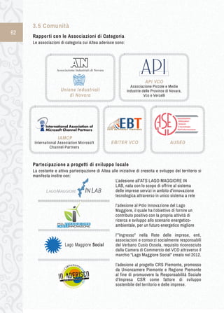 62 
3.5 Comunità 
Rapporti c on l e A ssociazioni d i C ategoria 
Le associazioni di categoria cui Altea aderisce sono: 
Partecipazione a p rogetti d i s viluppo l ocale 
La costante e attiva partecipazione di Altea alle iniziative di crescita e sviluppo del territorio si 
manifesta inoltre con: 
➢L’adesione all’ATS LAGO MAGGIORE IN 
LAB, nata con lo scopo di offrire al sistema 
delle imprese servizi in ambito d'innovazione 
tecnologica attraverso in unico sistema a rete 
l’adesione al Polo Innovazione del Lago 
Maggiore, il quale ha l’obiettivo di fornire un 
contributo positivo con la propria attività di 
ricerca e sviluppo allo scenario energetico-ambientale, 
per un futuro energetico migliore 
➢l’”Ingresso” nella Rete delle imprese, enti, 
associazioni e consorzi socialmente responsabili 
del Verbano Cusio Ossola, requisito riconosciuto 
dalla Camera di Commercio del VCO attraverso il 
marchio “Lago Maggiore Social” creato nel 2012. 
➢l’adesione al progetto CRS Piemonte, promosso 
da Unioncamere Piemonte e Regione Piemonte 
al fine di promuovere la Responsabilità Sociale 
d’Impresa CSR come fattore di sviluppo 
sostenibile del territorio e delle imprese. 
API VCO 
Associazione Piccole e Medie 
Industrie delle Province di Novara, 
Vco e Vercelli 
NOVARA VCO VERCELLI 
Unione Industriali 
di Novara 
IAMCP 
International Association Microsoft 
Channel Partners 
EBITER VCO AUSED 
 