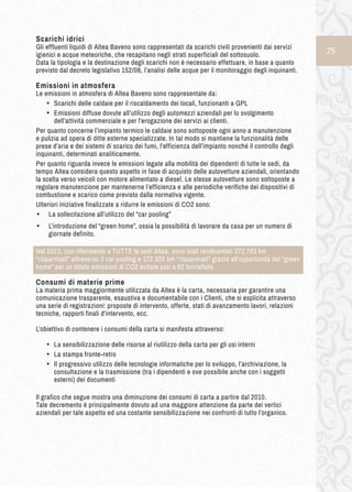 75 
Scarichi idrici 
Gli effluenti liquidi di Altea Baveno sono rappresentati da scarichi civili provenienti dai servizi 
igienici e acque meteoriche, che recapitano negli strati superficiali del sottosuolo. 
Data la tipologia e la destinazione degli scarichi non è necessario effettuare, in base a quanto 
previsto dal decreto legislativo 152/06, l’analisi delle acque per il monitoraggio degli inquinanti. 
Emissioni in atmosfera 
Le emissioni in atmosfera di Altea Baveno sono rappresentate da: 
• Scarichi delle caldaie per il riscaldamento dei locali, funzionanti a GPL 
• Emissioni diffuse dovute all’utilizzo degli automezzi aziendali per lo svolgimento 
dell’attività commerciale e per l’erogazione dei servizi ai clienti. 
Per quanto concerne l’impianto termico le caldaie sono sottoposte ogni anno a manutenzione 
e pulizia ad opera di ditte esterne specializzate. In tal modo si mantiene la funzionalità delle 
prese d’aria e dei sistemi di scarico dei fumi, l’efficienza dell’impianto nonché il controllo degli 
inquinanti, determinati analiticamente. 
Per quanto riguarda invece le emissioni legate alla mobilità dei dipendenti di tutte le sedi, da 
tempo Altea considera questo aspetto in fase di acquisto delle autovetture aziendali, orientando 
la scelta verso veicoli con motore alimentato a diesel. Le stesse autovetture sono sottoposte a 
regolare manutenzione per mantenerne l’efficienza e alle periodiche verifiche dei dispositivi di 
combustione e scarico come previsto dalla normativa vigente. 
Ulteriori iniziative finalizzate a ridurre le emissioni di CO2 sono: 
• La sollecitazione all’utilizzo del “car pooling” 
• L’introduzione del “green home”, ossia la possibilità di lavorare da casa per un numero di 
giornate definito. 
Nel 2013, con riferimento a TUTTE le sedi Altea, sono stati rendicontati 272.702 km 
“risparmiati” attraverso il car pooling e 172.925 km “risparmiati” grazie all’opportunità del “green 
home” per un totale emissioni di CO2 evitate pari a 62 tonnellate. 
Consumi di materie prime 
La materia prima maggiormente utilizzata da Altea è la carta, necessaria per garantire una 
comunicazione trasparente, esaustiva e documentabile con i Clienti, che si esplicita attraverso 
una serie di registrazioni: proposte di intervento, offerte, stati di avanzamento lavori, relazioni 
tecniche, rapporti finali d’intervento, ecc. 
L’obiettivo di contenere i consumi della carta si manifesta attraverso: 
• La sensibilizzazione delle risorse al riutilizzo della carta per gli usi interni 
• La stampa fronte-retro 
• Il progressivo utilizzo delle tecnologie informatiche per lo sviluppo, l’archiviazione, la 
consultazione e la trasmissione (tra i dipendenti e ove possibile anche con i soggetti 
esterni) dei documenti 
Il grafico che segue mostra una diminuzione dei consumi di carta a partire dal 2010. 
Tale decremento è principalmente dovuto ad una maggiore attenzione da parte dei vertici 
aziendali per tale aspetto ed una costante sensibilizzazione nei confronti di tutto l’organico. 
 