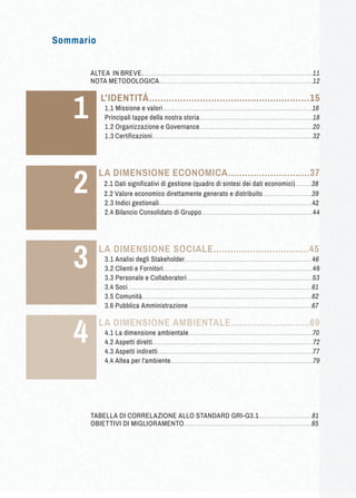 Sommario 
ALTEA IN BREVE.……..........................…………………………............................11 
NOTA METODOLOGICA....................................................................................12 
L’IDENTITÁ.........................................................15 
1.1 Missione e valori..................................................................................16 
Principali tappe della nostra storia..............................................................18 
1.2 Organizzazione e Governance..............................................................20 
1.3 Certificazioni........................................................................................32 
LA DIMENSIONE ECONOMICA.............................37 
2.1 Dati significativi di gestione (quadro di sintesi dei dati economici).........38 
2.2 Valore economico direttamente generato e distribuito...........................39 
2.3 Indici gestionali....................................................................................42 
2.4 Bilancio Consolidato di Gruppo.............................................................44 
LA DIMENSIONE SOCIALE..................................45 
3.1 Analisi degli Stakeholder......................................................................46 
3.2 Clienti e Fornitori..................................................................................49 
3.3 Personale e Collaboratori.....................................................................53 
3.4 Soci.....................................................................................................61 
3.5 Comunità.............................................................................................62 
3.6 Pubblica Amministrazione ...................................................................67 
LA DIMENSIONE AMBIENTALE............................69 
4.1 La dimensione ambientale....................................................................70 
4.2 Aspetti diretti........................................................................................72 
4.3 Aspetti indiretti.....................................................................................77 
4.4 Altea per l'ambiente..............................................................................79 
TABELLA DI CORRELAZIONE ALLO STANDARD GRI-G3.1.............................81 
OBIETTIVI DI MIGLIORAMENTO......................................................................85 
1 
2 
3 
4 
 