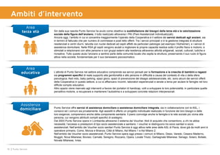 16 Punto Service
Ambiti d’intervento
Area
terza età
te
Sin dalla sua nascita Punto Service ha avuto come obiettivo la soddisfazione dei bisogni della terza età e la valorizzazione
sociale della figura dell’anziano, il tutto realizzato attraverso i PAI (Piani Assistenziali Individualizzati).
Ancora oggi, l’ambito in cui si concentra maggiormente l’operato della Cooperativa è il settore dei servizi dedicati agli anziani, sia
in termini di fatturato che per numero di commesse e posti letto offerti. Tra i servizi principali vi è la gestione integrata di strutture
residenziali e centri diurni, talvolta con nuclei dedicati ad ospiti affetti da particolari patologie (ad esempio l’Alzheimer), e i servizi di
assistenza domiciliare. Nelle RSA gli ospiti vengono aiutati a migliorare le proprie capacità residue sotto il profilo fisico e motorio, e
stimolati a relazionarsi con altre persone e con gruppi esterni alla residenza attraverso attività artigianali, sociali, culturali, ludiche e
ricreative. Tutto questo aiuta l’anziano a sentirsi parte della comunità locale che ospita la struttura, preservando il suo ruolo di figura
attiva nella società, fondamentale per il suo benessere psicosomatico.
Area
educativa L’attività di Punto Service nel settore educativo comprende sia servizi pensati per la formazione e la crescita di bambini e ragazzi
sia programmi specifici di reale supporto alla genitorialità e alle persone in difficoltà a causa del contesto di vita o della sfera
psicologica. Asili nido, baby parking, spazi gioco, spazi di prevenzione del disagio adolescenziale, etc. sono alcuni dei servizi offerti
della Cooperativa in questo settore, a cui si affiancano incontri, laboratori esperienziali e serate a tema per aiutare le famiglie nel loro
difficile compito educativo.
Altro spazio viene riservato agli interventi a favore dei portatori di handicap, volti a sviluppare le loro potenzialità, in particolare quelle
percettivo-motorie, a recuperare e mantenere l’autostima e a sviluppare concrete relazioni interpersonali.
Assistenza
domiciliare Punto Service offre servizi di assistenza domiciliare e assistenza domiciliare integrata, sia in collaborazione con le ASL, i
consorzi ed i comuni sia privatamente. Agli assistiti è offerto un progetto individuale realizzato in funzione dei loro bisogni e delle
loro esigenze, comprensivo anche della componente sanitaria. Il piano coinvolge anche la famiglia e la rete sociale più vicina alla
persona, cui vengono attribuiti compiti specifici di sostegno.
Dal 2003 Punto Service opera in Lombardia attraverso il sistema dei Voucher, titoli di acquisto che consentono, a chi ne abbia
necessità, l’accesso a prestazioni di tipo socio assistenziale e sanitario. I voucher si distinguono tra socio sanitari e socio
assistenziali. Nell’ambito dei Voucher socio sanitari Punto Service è oggi attiva nelle aree delle ASL di Pavia, dove già da molti anni è
operatore primario, Como, Monza e Brianza, Città di Milano, Asl Milano 1 e Asl Milano 2.
Nell’ambito dei Voucher socio assistenziali, Punto Service opera oggi presso i comuni di Milano, Desio, Varedo, Cesano Maderno,
Muggiò, Nova Milanese, Bovisio, Carnate, Seregno, Rozzano, Opera, Locate Triulzi, Garbagnate Milanese, Senago, Solaro, Bollate,
Novate Milanese, Ivrea.
 