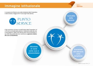 Parte I
Identità
17Bilancio sociale 2014
Area
erza età
Immagine istituzionale
In occasione del 25esimo anno della fondazione della Cooperativa
è stato lanciato a maggio 2014 il nuovo logo Punto Service.
Il logo racchiude in sé alcuni concetti-chiave della Cooperativa, pri-
mi fra tutti la centralità della persona e l’attenzione posta alla cura
e all’accoglienza. Infatti Punto Service pone il focus sull’utente e il
suo diritto alla qualità della vita, nonché ad un approccio olistico
alla cura e all’assistenza.
Centralità
delle
persone
Evocazione
dell’abbraccio
come
accoglienza
Allusione
al cuore
come cura e
amorevolezza
 