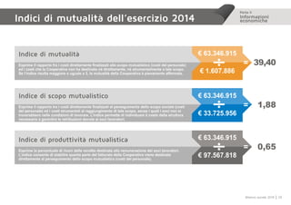 Parte II
Informazioni
economiche
29Bilancio sociale 2014
Indici di mutualità dell’esercizio 2014
Indice di mutualità
Esprime il rapporto fra i costi direttamente finalizzati allo scopo mutualistico (costi del personale)
ed i costi che la Cooperativa non ha destinato né direttamente, né strumentalmente a tale scopo.
Se l’indice risulta maggiore o uguale a 3, la mutualità della Cooperativa è pienamente affermata. € 1.607.886
€ 63.346.915
= 39,40
Indice di scopo mutualistico
Esprime il rapporto tra i costi direttamente finalizzati al perseguimento dello scopo sociale (costi
del personale) ed i costi strumentali al raggiungimento di tale scopo, senza i quali i soci non si
troverebbero nelle condizioni di lavorare. L’indice permette di individuare il costo della struttura
necessario a garantire le retribuzioni dovute ai soci lavoratori.
€ 33.725.956
€ 63.346.915
= 1,88
Indice di produttività mutualistica
Esprime la percentuale di ricavi delle vendite destinata alla remunerazione dei soci lavoratori.
L’indice consente di stabilire quanta parte del fatturato della Cooperativa viene destinata
direttamente al perseguimento dello scopo mutualistico (costi del personale).
€ 97.567.818
€ 63.346.915
= 0,65
 