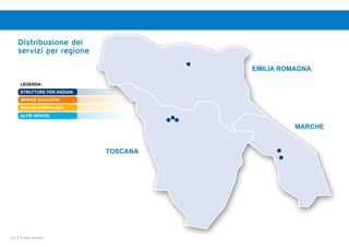 52 Punto Service
strutture per Anziani
servizi educativi
servizi domiciliari
servizi ausiliari
Legenda:
strutture per Anziani
servizi educativi
servizi domiciliari
ALTRI SERVIZI
TOSCANA
MARCHE
EMILIA ROMAGNA
Distribuzione dei
servizi per regione
 