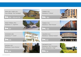 54 Punto Service
TORINO (TO)
Residenza “Il Porto”
180
TORINO (TO)
Residenza “Villa Primule”
120
SAVONA (SV)
Residenza “Suore Minime”
24
VALENZA (AL)
Residenza “Valenza Anziani”
60
VALMACCA (AL)
Residenza “Ricci Enrichetta,
Rossi Alessandro e figli”
36
ROVEGNO (GE)
Residenza “F. Conio”
25
PIEVE DEL CAIRO (PV)
Casa Albergo “San Giuseppe”
25 | 15 posti CDI
PIEVE TORINA (MC)
Residenza “S. Agostino”
37
 