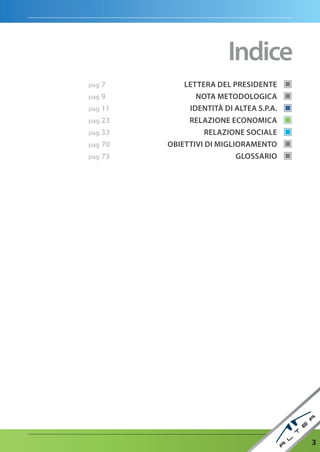 Indice
pag 7        Lettera deL PreSIdente
pag 9           nOta MetOdOLOGICa
pag 11        IdentItà dI aLtea S.P.a.
pag 23        reLaZIOne eCOnOMICa
pag 33             reLaZIOne SOCIaLe
pag 70   OBIettIVI dI MIGLIOraMentO
pag 73                     GLOSSarIO




                                         3
 