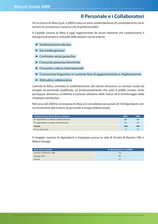Bilancio Sociale 2009

                                                                   Il Personale e i Collaboratori
          Per le risorse di Altea S.p.A. il 2009 è stato un anno sostanzialmente di consolidamento sia in
          termini di consistenza numerica che di professionalità.

          Il Capitale Umano di Altea è oggi rappresentato da alcuni elementi che caratterizzano il
          background umano e culturale delle proprie risorse interne:

             ► Scolarizzazione elevata
             ► Età media giovane
             ► Confronto senza gerarchie
             ► Crescente presenza femminile
             ► Crescente cultura internazionale
             ► Conoscenza linguistica in costante fase di aggiornamento e miglioramento
             ► Attitudine collaborativa
          L’attività di Altea, orientata al soddisfacimento del cliente attraverso un servizio curato ed
          erogato da personale qualificato, sia professionalmente che sotto il profilo umano, viene
          perseguita attraverso un’attenta e costante selezione delle risorse ed il monitoraggio della
          employee satisfaction.

          Nel corso del 2009 la consistenza di Altea si è consolidata sul numero di 169 dipendenti, con
          un incremento del numero di personale a tempo indeterminato.

           Comp os i z i o n e d e l l e R i s o r s e U m a n e                                 2008          2009
           N° dipen d e nt i a te m p o i n d e te r m i n ato                                   145           144
           N° dipen d e nt i a te m p o d e te r m i n ato                                        24            25
           Totale                                                                                169           169
           D i cui pa r t t i m e                                                                  6           10



          Il maggior numero di dipendenti è impiegato presso le sedi di Feriolo di Baveno (VB) e
          Milano Assago.

           S edi del l a S o c i e t à                                         N° dipendenti (al 31/12/2009)
           Fer iolo d i B ave n o ( V B )                                                  112
           Assago (M I )                                                                   40
           Tor ino                                                                         17
 