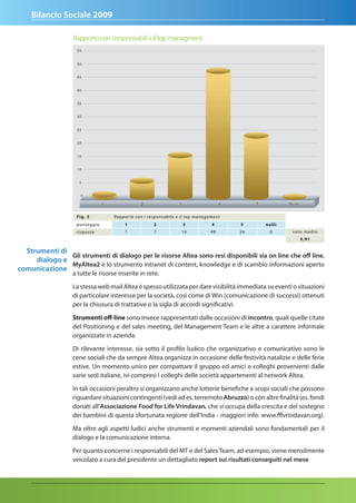 Bilancio Sociale 2009

                   Rapporto con i responsabili e il top managment




                    Fi g. 5          Ra p p o r to co n i re s p o n s a b i l e e i l to p management
                    p u nte g gi o         1                 2                 3                 4       5    nulli
                    r i s p o s te         1                 7                16                48       24    0      voto medio
                                                                                                                         3,91

  Strumenti di
               Gli strumenti di dialogo per le risorse altea sono resi disponibili sia on line che off line.
     dialogo e
               Myaltea2 è lo strumento intranet di content, knowledge e di scambio informazioni aperto
comunicazione
                   a tutte le risorse inserite in rete.

                   La stessa web mail Altea è spesso utilizzata per dare visibilità immediata su eventi o situazioni
                   di particolare interesse per la società, così come di Win (comunicazione di successi) ottenuti
                   per la chiusura di trattative o la sigla di accordi significativi.

                   Strumenti off-line sono invece rappresentati dalle occasioni di incontro, quali quelle citate
                   del Positioning e del sales meeting, del Management Team e le altre a carattere informale
                   organizzate in azienda.

                   Di rilevante interesse, sia sotto il profilo ludico che organizzativo e comunicativo sono le
                   cene sociali che da sempre Altea organizza in occasione delle festività natalizie e delle ferie
                   estive. Un momento unico per compattare il gruppo ed amici e colleghi provenienti dalle
                   varie sedi italiane, ivi compresi i colleghi delle società appartenenti al network Altea.
                   In tali occasioni peraltro si organizzano anche lotterie benefiche a scopi sociali che possono
                   riguardare situazioni contingenti (vedi ad es. terremoto abruzzo) o con altre finalità (es. fondi
                   donati all’associazione Food for Life Vrindavan, che si occupa della crescita e del sostegno
                   dei bambini di questa sfortunata regione dell’India - maggiori info: www.fflvrindavan.org).

                   Ma oltre agli aspetti ludici anche strumenti e momenti aziendali sono fondamentali per il
                   dialogo e la comunicazione interna.
                   Per quanto concerne i responsabili del MT e del Sales Team, ad esempio, viene mensilmente
                   veicolato a cura del presidente un dettagliato report sui risultati conseguiti nel mese
 