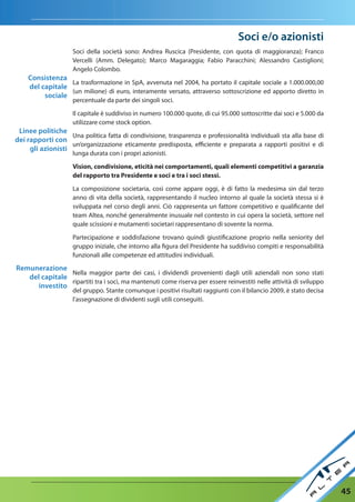 Soci e/o azionisti
                     Soci della società sono: Andrea Ruscica (Presidente, con quota di maggioranza); Franco
                     Vercelli (Amm. Delegato); Marco Magaraggia; Fabio Paracchini; Alessandro Castiglioni;
                     Angelo Colombo.
    Consistenza
                 La trasformazione in SpA, avvenuta nel 2004, ha portato il capitale sociale a 1.000.000,00
    del capitale
                 (un milione) di euro, interamente versato, attraverso sottoscrizione ed apporto diretto in
         sociale
                     percentuale da parte dei singoli soci.

                     Il capitale è suddiviso in numero 100.000 quote, di cui 95.000 sottoscritte dai soci e 5.000 da
                     utilizzare come stock option.
 Linee politiche
                   Una politica fatta di condivisione, trasparenza e professionalità individuali sta alla base di
dei rapporti con
                   un’organizzazione eticamente predisposta, efficiente e preparata a rapporti positivi e di
     gli azionisti
                     lunga durata con i propri azionisti.

                     Vision, condivisione, eticità nei comportamenti, quali elementi competitivi a garanzia
                     del rapporto tra Presidente e soci e tra i soci stessi.

                     La composizione societaria, così come appare oggi, è di fatto la medesima sin dal terzo
                     anno di vita della società, rappresentando il nucleo intorno al quale la società stessa si è
                     sviluppata nel corso degli anni. Ciò rappresenta un fattore competitivo e qualificante del
                     team Altea, nonché generalmente inusuale nel contesto in cui opera la società, settore nel
                     quale scissioni e mutamenti societari rappresentano di sovente la norma.

                     Partecipazione e soddisfazione trovano quindi giustificazione proprio nella seniority del
                     gruppo iniziale, che intorno alla figura del Presidente ha suddiviso compiti e responsabilità
                     funzionali alle competenze ed attitudini individuali.

remunerazione
                Nella maggior parte dei casi, i dividendi provenienti dagli utili aziendali non sono stati
   del capitale
                ripartiti tra i soci, ma mantenuti come riserva per essere reinvestiti nelle attività di sviluppo
      investito
                     del gruppo. Stante comunque i positivi risultati raggiunti con il bilancio 2009, è stato decisa
                     l’assegnazione di dividenti sugli utili conseguiti.




                                                                                                                       45
 