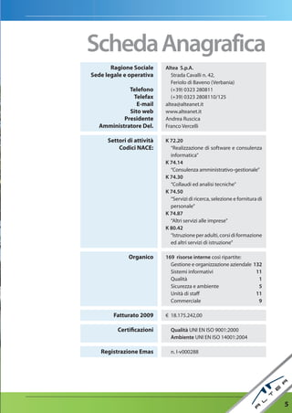 Scheda anagrafica
       Ragione Sociale      altea S.p.a.
Sede legale e operativa        Strada Cavalli n. 42,
                               Feriolo di Baveno (Verbania)
             Telefono          (+39) 0323 280811
              Telefax          (+39) 0323 2808110/125
                E-mail      altea@alteanet.it
             Sito web       www.alteanet.it
           Presidente       Andrea Ruscica
   Amministratore Del.      Franco Vercelli

      Settori di attività   K 72.20
          Codici NACE:        “Realizzazione di software e consulenza
                              informatica”
                            K 74.14
                              “Consulenza amministrativo-gestionale”
                            K 74.30
                              “Collaudi ed analisi tecniche”
                            K 74.50
                              “Servizi di ricerca, selezione e fornitura di
                              personale”
                            K 74.87
                              “Altri servizi alle imprese”
                            K 80.42
                              “Istruzione per adulti, corsi di formazione
                              ed altri servizi di istruzione”

              Organico      169 risorse interne così ripartite:
                              Gestione e organizzazione aziendale 132
                              Sistemi informativi                  11
                              Qualità                               1
                              Sicurezza e ambiente                  5
                              Unità di staff                       11
                              Commerciale                           9

        Fatturato 2009      € 18.175.242,00

          Certificazioni      Qualità UNI EN ISO 9001:2000
                              ambiente UNI EN ISO 14001:2004

   Registrazione Emas         n. I-v000288




                                                                              5
 
