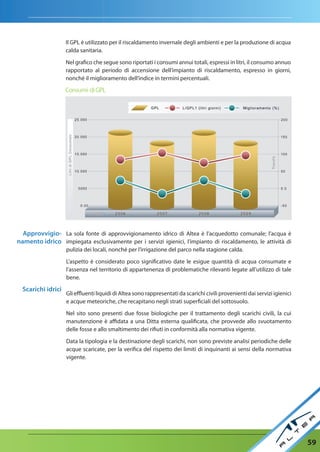 Il GPL è utilizzato per il riscaldamento invernale degli ambienti e per la produzione di acqua
                    calda sanitaria.

                    Nel grafico che segue sono riportati i consumi annui totali, espressi in litri, il consumo annuo
                    rapportato al periodo di accensione dell’impianto di riscaldamento, espresso in giorni,
                    nonché il miglioramento dell’indice in termini percentuali.

                    Consumi di GPL




  approvvigio- La sola fonte di approvvigionamento idrico di Altea è l’acquedotto comunale; l’acqua è
namento idrico impiegata esclusivamente per i servizi igienici, l’impianto di riscaldamento, le attività di
                    pulizia dei locali, nonché per l’irrigazione del parco nella stagione calda.

                    L’aspetto è considerato poco significativo date le esigue quantità di acqua consumate e
                    l’assenza nel territorio di appartenenza di problematiche rilevanti legate all’utilizzo di tale
                    bene.

  Scarichi idrici
                    Gli effluenti liquidi di Altea sono rappresentati da scarichi civili provenienti dai servizi igienici
                    e acque meteoriche, che recapitano negli strati superficiali del sottosuolo.

                    Nel sito sono presenti due fosse biologiche per il trattamento degli scarichi civili, la cui
                    manutenzione è affidata a una Ditta esterna qualificata, che provvede allo svuotamento
                    delle fosse e allo smaltimento dei rifiuti in conformità alla normativa vigente.

                    Data la tipologia e la destinazione degli scarichi, non sono previste analisi periodiche delle
                    acque scaricate, per la verifica del rispetto dei limiti di inquinanti ai sensi della normativa
                    vigente.




                                                                                                                            59
 