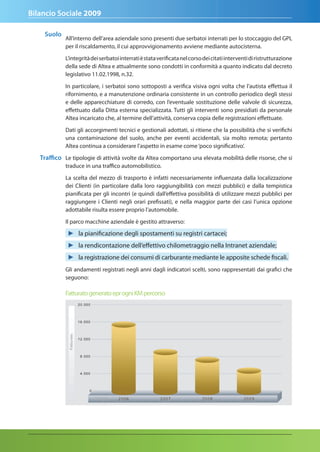 Bilancio Sociale 2009

    Suolo
             All’interno dell’area aziendale sono presenti due serbatoi interrati per lo stoccaggio del GPL
             per il riscaldamento, il cui approvvigionamento avviene mediante autocisterna.

             L’integrità dei serbatoi interrati è stata verificata nel corso dei citati interventi di ristrutturazione
             della sede di Altea e attualmente sono condotti in conformità a quanto indicato dal decreto
             legislativo 11.02.1998, n.32.

             In particolare, i serbatoi sono sottoposti a verifica visiva ogni volta che l’autista effettua il
             rifornimento, e a manutenzione ordinaria consistente in un controllo periodico degli stessi
             e delle apparecchiature di corredo, con l’eventuale sostituzione delle valvole di sicurezza,
             effettuato dalla Ditta esterna specializzata. Tutti gli interventi sono presidiati da personale
             Altea incaricato che, al termine dell’attività, conserva copia delle registrazioni effettuate.

             Dati gli accorgimenti tecnici e gestionali adottati, si ritiene che la possibilità che si verifichi
             una contaminazione del suolo, anche per eventi accidentali, sia molto remota; pertanto
             Altea continua a considerare l’aspetto in esame come ‘poco significativo’.

   traffico Le tipologie di attività svolte da Altea comportano una elevata mobilità delle risorse, che si
             traduce in una traffico automobilistico.

             La scelta del mezzo di trasporto è infatti necessariamente influenzata dalla localizzazione
             dei Clienti (in particolare dalla loro raggiungibilità con mezzi pubblici) e dalla tempistica
             pianificata per gli incontri (e quindi dall’effettiva possibilità di utilizzare mezzi pubblici per
             raggiungere i Clienti negli orari prefissati), e nella maggior parte dei casi l’unica opzione
             adottabile risulta essere proprio l’automobile.

             Il parco macchine aziendale è gestito attraverso:

              ► la pianificazione degli spostamenti su registri cartacei;
              ► la rendicontazione dell’effettivo chilometraggio nella Intranet aziendale;
              ► la registrazione dei consumi di carburante mediante le apposite schede fiscali.
             Gli andamenti registrati negli anni dagli indicatori scelti, sono rappresentati dai grafici che
             seguono:

             Fatturato generato epr ogni KM percorso
 