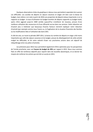 Quelques observations tirées du graphique ci-dessus nous permettent cependant de nuancer
ces difficultés. Les courbes de départs en séjours vacances et stages ont bien suivi la baisse du
budget, mais même si on note à partir de 2010 une proportion de départs totaux importante si on la
rapporte au budget : le taux d’utilisation du budget (nombre de départs rapportés au budget total),
après s’être aggravé jusqu’en 2009 semble aujourd’hui s’améliorer de nouveau, preuve d’une
meilleure utilisation des ressources et d’une efficacité accrue dans nos services. Cette réduction est
d’autant plus à relativiser que beaucoup d’autres facteurs viennent expliquer notre réduction
d’activité (par exemple comme nous l’avons vu, la fragilisation de la situation financière des familles
ou les modifications liées à l’utilisation des bons CAF).

A côté de cela, sur toute la période 2007-2011, la baisse du nombre de départs en stage a été moins
importante que celle des séjours vacances et du budget, preuve du développement de cette activité
malgré les difficultés, et de notre volonté d’axer nos prochaines actions dans cet objectif de
rééquilibrage entre nos piliers d’activités.

        Les prévisions pour 2012 nous permettent également d’être optimistes pour les perspectives
de l’année prochaine, avec une hausse du budget de 20% par rapport à 2011. Nous nous sommes
fixés en effet de nombreux objectifs pour repartir dans de nouvelles dynamiques, et se donner les
moyens de renforcer les actions qui ont été un succès en 2011.




                                                                                                          26
                                                                                                          Page
 