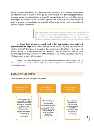 afin de surmonter les difficultés liés à l’enferment dans un quartier, à un réseau de connaissances
essentiellement local et au sein du même groupe communautaire et en donnant l’opportunité aux
jeunes de connaître un milieu différent et d’acquérir une expérience professionnelle différente qui
encouragera son insertion sociale. Un nombre significatif des jeunes que nous avons envoyés en
stage en province reviennent avec une perception différente du rôle de l’école et se mettent à
préparer un projet professionnel.



                                  Cap&Vie ne souhaite pas agir selon une démarche de loisir ou de service rendu sur le
                                  court terme. Aussi, le public ciblé touche bien plus que les jeunes et les familles de
                                  Mantes la Jolie, mais également les agriculteurs de province qui ont l’occasion de faire
                                  découvrir leurs activités et les entreprises qui ont accès à un vivier de jeunes stagiaires.


         Les jeunes étant présents en grand nombre dans ces quartiers, notre public est
potentiellement très large. Notre objectif n’est pas de les toucher tous mais d’en mobiliser un
nombre significatif. Ces jeunes se regroupent dans une quinzaine de collèges et sept lycées, et
environ 50% de ces établissements sont nos partenaires. Pour les jeunes de 16-25 ans, nous
travaillons également en partenariat avec la Mission Locale, la PJJ, l’Escale, les clubs de prévention,
l’EPIDE ou encore le service RE de la Mairie.

        De plus, l’effet d’entraînement est phénoménal dans ces quartiers, environnements clos : si
l’expérience est une réussite, c’est encore plus de jeunes, d’enseignants ou chefs d’établissement qui
feront appel à nous.




2. LES ACTIVITES DE CAP&VIE

Les actions de Cap&Vie se découpent en 3 piliers :




     Des séjours de                        Des stages                            Des rencontres
      découvertes                        professionnels                             familles



         Pour permettre aux
                                               Pour permettre de                       Des weekends en
        jeunes de 6-14 ans de
                                                promouvoir les                           groupes, des
        partir en vacances en
                                                 métiers et les                         rencontres de
        milieu rural et mettre
                                             entreprises du milieu                    familles, des repas
           en relations des
                                              rural et d’améliorer                        festifs pour
         familles des villes et
                                            l’accès des jeunes aux                     concrétiser et de
           des campagnes.
                                               entreprises par la                       pérenniser ces
        Existant depuis 1998,
                                               construction d’un                          réseaux de
           ils ont motivé la
                                                   réseau de                             connaissance
               création de
                                                 connaissance
              l’association
                                                                                                                       7  Page
 