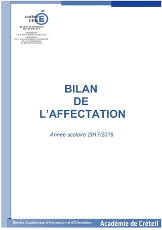 BILAN
DE
L’AFFECTATION
Année scolaire 2017/2018
Service Académique d’Information et d’Orientation
 
