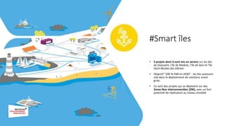 #Smart îles
• 5 projets dont 3 sont mis en service sur les îles
de Ouessant, l’île de Molène, l’île de Sein et l’île
Saint Nicolas des Glénan
• Objectif “100 % ENR en 2030” : les îles avancent
vite dans le déploiement de solutions smart
grids.
• Ce sont des projets qui se déploient sur des
Zones Non Interconnectées (ZNI), avec un fort
potentiel de réplication au niveau mondial
 