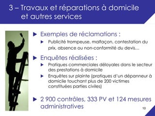 3 – Travaux et réparations à domicile
    et autres services

        Exemples de réclamations :
           Publicité trompeuse, malfaçon, contestation du
           prix, absence ou non-conformité du devis…

        Enquêtes réalisées :
           Pratiques commerciales déloyales dans le secteur
           des prestations à domicile
           Enquêtes sur plainte (pratiques d’un dépanneur à
           domicile touchant plus de 200 victimes
           constituées parties civiles)


        2 900 contrôles, 333 PV et 124 mesures
        administratives                    10
 