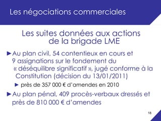Les négociations commerciales

     Les suites données aux actions
             de la brigade LME
►Au plan civil, 54 contentieux en cours et
 9 assignations sur le fondement du
 « déséquilibre significatif », jugé conforme à la
  Constitution (décision du 13/01/2011)
  ► près de 357 000 € d’amendes en 2010
►Au plan pénal, 409 procès-verbaux dressés et
 près de 810 000 € d’amendes
                                                18
 