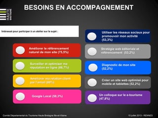 BESOINS EN ACCOMPAGNEMENT
Intéressé pour participer à un atelier sur le sujet :
Stratégie web éditoriale et
référencement (53,2%)
Google Local (58,3%)
Utiliser les réseaux sociaux pour
promouvoir mon activité
(53,3%)
Améliorer ma relation client
par l’email (60%)
Surveiller et optimiser ma
réputation en ligne (66,7%)
Diagnostic de mon site
(52,2%)
Un colloque sur le e-tourisme
(47,8%)
Comité Départemental du Tourisme Haute Bretagne Ille-et-Vilaine 10 juillet 2013 - RENNES
Améliorer le référencement
naturel de mon site (75,5%)
Créer un site web optimisé pour
mobile et tablettes (52,2%)
 