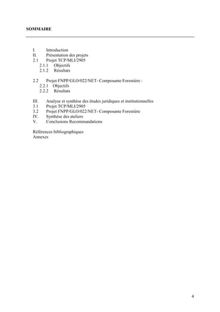 4
SOMMAIRE
I. Introduction
II. Présentation des projets
2.1 Projet TCP/MLI/2905
2.1.1 Objectifs
2.1.2 Résultats
2.2 Projet FNPP/GLO/022/NET- Composante Forestière :
2.2.1 Objectifs
2.2.2 Résultats
III. Analyse et synthèse des études juridiques et institutionnelles
3.1 Projet TCP/MLI/2905
3.2 Projet FNPP/GLO/022/NET- Composante Forestière
IV. Synthèse des ateliers
V. Conclusions Recommandations
Références bibliographiques
Annexes
 