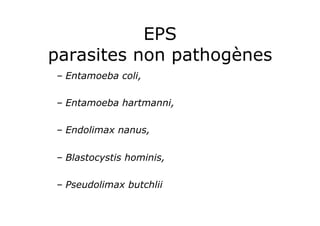 EPS
parasites non pathogènes
–  Entamoeba coli,

–  Entamoeba hartmanni,

–  Endolimax nanus,

–  Blastocystis hominis,

–  Pseudolimax butchlii
 