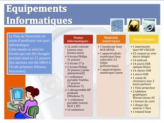 Le Pam de Vescovato ne               Postes                Matériels
cesse d'améliorer son parc                                                    Périphériques
                                 informatiques :          numériques
informatique.                   • 12 unité centrale    • 1 handycam Sony    • 1 imprimante
Cette année se sont les           Lenovo sous            DCR SR35E            laser HP CM2320
écrans qui ont été changés        licence seven        • 1 appareil photo   • 22 casques pc avec
                                • 9 écrans Philips       numérique Sony       micro intégré
passant ainsi au 21 pouces        21 pouces              cybershot 3.2      • 14 webcam
(les anciens ont été offert à   • 2 écrans 17 p          (objet             • 14 souris USB
l'école primaire d'Arena-       • 2 écrans Philips       préhistorique)       optique filaire
                                  23 pouces ( poste    • 1 appareil photo   • 14 clavier USB
Vescovato).                       administratif)         numérique Canon
                                                                            • 1 micro USB
                                • 1 ordinateur                              • 1 caisse de
                                  portable Toshiba                            résonance avec 2
                                  17 pouces                                   hauts parleurs
                                  (Windows 7)
                                                                            • 1 Visio projecteur
                                • 1 ultraportable HP
                                                                            • 2 tablettes
                                  probook
                                                                              graphiques
                                  (Windows 7)
                                                                              Wacam intuos A5
                                • 1 ordinateur
                                                                            • 1 lecteur de carte
                                  portable Lenovo
                                  R61I ( XP)                                • 1 disque dur
                                                                              externe 1 Tera
                                • 12 onduleurs
                                                                            • 1 trépied Sony
 
