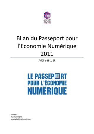 Bilan du Passeport pour
      l’Economie Numérique
                2011
                           Adélia BELLIER




Contact :
Adélia BELLIER
adelia.bellier@gmail.com
 