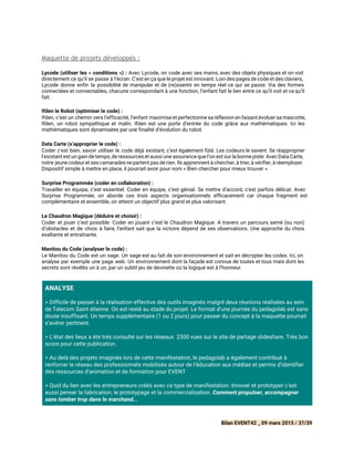  
Maquette de projets développés :
Lycode (utiliser les « conditions ») : ​Avec Lycode, on code avec ses mains, avec des objets physiques et on voit
directement ce qu’il se passe à l’écran. C’est en ça que le projet est innovant. Loin des pages de code et des claviers,
Lycode donne enfin la possibilité de manipuler et de (re)ssentir en temps réel ce qui se passe. Via des formes
connectées et connectables, chacune correspondant à une fonction, l’enfant fait le lien entre ce qu’il voit et ce qu’il
fait.
Ifden le Robot (optimiser le code) :
Ifden, c’est un chemin vers l’efficacité, l’enfant maximise et perfectionne sa réflexion en faisant évoluer sa mascotte,
Ifden, un robot sympathique et malin. Ifden est une porte d’entrée du code grâce aux mathématiques. Ici les
mathématiques sont dynamisées par une finalité d’évolution du robot.
Data Carte (s’approprier le code) :
Coder c’est bien, savoir utiliser le code déjà existant, c’est également fûté. Les codeurs le savent. Se réapproprier
l’existant est un gain de temps, de ressources et aussi une assurance que l’on est sur la bonne piste. Avec Data Carte,
notre jeune codeur et ses camarades ne partent pas de rien. Ils apprennent à chercher, à trier, à vérifier, à réemployer.
Dispositif simple à mettre en place, il pourrait avoir pour nom « Bien chercher pour mieux trouver ».
Surprise Programmée (coder en collaboration) :
Travailler en équipe, c’est essentiel. Coder en équipe, c’est génial. Se mettre d’accord, c’est parfois délicat. Avec
Surprise Programmée, on aborde ces trois aspects organisationnels efficacement car chaque fragment est
complémentaire et ensemble, on atteint un objectif plus grand et plus valorisant.
Le Chaudron Magique (déduire et choisir) :
Coder et jouer c’est possible. Coder en jouant c’est le Chaudron Magique. A travers un parcours semé (ou non)
d’obstacles et de choix à faire, l’enfant sait que la victoire dépend de ses observations. Une approche du choix
exaltante et entraînante.
Manitou du Code (analyser le code) :
Le Manitou du Code est un sage. Un sage est au fait de son environnement et sait en décrypter les codes. Ici, on
analyse par exemple une page web. Un environnement dont la façade est connue de toutes et tous mais dont les
secrets sont révélés un à un, par un subtil jeu de devinette où la logique est à l’honneur
 
ANALYSE
> Difficile de passer à la réalisation effective des outils imaginés malgré deux réunions réalisées au sein
de Telecom Saint étienne. On est resté au stade du projet. Le format d’une journée du pedagolab est sans
doute insuffisant. Un temps supplémentaire (1 ou 2 jours) pour passer du concept à la maquette pourrait
s’avérer pertinent.
> L’état des lieux a été très consulté sur les réseaux. 2300 vues sur le site de partage slideshare. Très bon
score pour cette publication.
> Au delà des projets imaginés lors de cette manifestation, le pedagolab a également contribué à
renforcer le réseau des professionnels mobilisés autour de l’éducation aux médias et permis d’identifier
des ressources d’animation et de formation pour EVENT.
> Quid du lien avec les entrepreneurs créés avec ce type de manifestation. Innover et prototyper c’est
aussi penser la fabrication, le prototypage et la commercialisation. ​Comment propulser, accompagner
sans tomber trop dans le marchand... 
Bilan EVENT42 _ 09 mars 2015 / 37/39
 