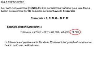C)  LA TRESORERIE :   Le Fonds de Roulement (FRNG) doit être normalement suffisant pour faire face au  besoin de roulement (BFR), l’équilibre se faisant avec la  Trésorerie   Trésorerie = F. R. N. G. - B. F. R  Exemple simplifié précédent :   Trésorerie = FRNG - BFR = 60 000 - 48 500 = 11 500   La trésorerie est positive car le Fonds de Roulement Net global est supérieur au  Besoin en Fonds de Roulement   