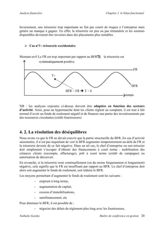 Analyse financière                                                Chapitre 2 le bilan fonctionnel



Inversement, une trésorerie trop importante ne fait pas courir de risques à l’entreprise mais
génère un manque à gagner. En effet, la trésorerie est peu ou pas rémunérée et les sommes
disponibles devraient être investies dans des placements plus rentables.


       Cas n°3 : trésorerie excédentaire


Montant en € Le FR est trop important par rapport au BFR         la trésorerie est




NB : les analyses exposées ci-dessus doivent être adaptées en fonction des secteurs
d’activité. Ainsi, pour un hypermarché dont les clients règlent au comptant, il est tout à fait
normal d’avoir un fonds de roulement négatif et de financer une partie des investissements par
des ressources circulantes (crédit fournisseurs).



4. 2. La résolution des déséquilibres
Nous avons vu que le FR ne devait couvrir que la partie structurelle du BFR. En cas d’activité
saisonnière, il n’est pas inquiétant de voir le BFR augmenter temporairement au-delà du FR et
la trésorerie devenir de ce fait négative. Dans un tel cas, le chef d’entreprise ou son trésorier
doit simplement s’occuper d’obtenir des financements à court terme : mobilisation des
créances clients (escompte, affacturage), prêt à court terme (crédit de campagne) ou
autorisation de découvert.
En revanche, si la trésorerie reste continuellement (ou du moins fréquemment et longuement)
négative, cela signifie que le FR est insuffisant par rapport au BFR. Le chef d’entreprise doit
alors soit augmenter le fonds de roulement, soit réduire le BFR.
Les moyens permettant d’augmenter le fonds de roulement sont les suivants :
           -   emprunt à long terme,
           -   augmentation de capital,
           -   cession d’immobilisations,
           -   autofinancement, etc
Pour diminuer le BFR, il est possible de :
           -   négocier des délais de règlement plus long avec les fournisseurs,

Nathalie Gardes                                               Maître de conférence en gestion 20
 