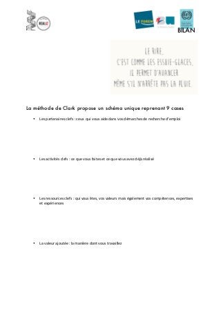  
BILAN
	
  
	
  
La méthode de Clark propose un schéma unique reprenant 9 cases
• Les	
  partenaires	
  clefs	
  :	
  ceux	
  	
  qui	
  vous	
  aide	
  dans	
  vos	
  démarches	
  de	
  recherche	
  d’emploi	
  
	
  
	
  
	
  
	
  
	
  
	
  
• Les	
  activités	
  clefs	
  :	
  ce	
  que	
  vous	
  faites	
  et	
  ce	
  que	
  vous	
  avez	
  déjà	
  réalisé	
  
	
  
	
  
	
  
	
  
	
  
	
  
• Les	
  ressources	
  clefs	
  :	
  qui	
  vous	
  êtes,	
  vos	
  valeurs	
  mais	
  également	
  vos	
  compétences,	
  expertises	
  
et	
  expériences	
  
	
  
	
  
	
  
	
  
	
  
	
  
• La	
  valeur	
  ajoutée	
  :	
  la	
  manière	
  dont	
  vous	
  travaillez	
  
	
  
	
  
	
  
	
  
	
  
	
  
	
  
 