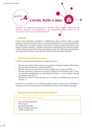Objectif
Comme toute organisation aujourd’hui, un établissement scolaire produit et utilise un grand
nombre de données numériques. Celles-ci nourrissent principalement une approche gestionnaire
de l’établissement et du système éducatif : administration et finance, gestion du bâtiment et des
emplois du temps, évaluation... La Boîte à data propose le développement de l’usage des données
au-delà et de façon distincte de leurs fonctions initiales, à des fins de collaboration, de participation
et de capacitation des élèves, comme des autres membres de la communauté éducative.
Contenu de la boite et sources
La Boîte à data est alimentée par plusieurs types de données :
•	 Données des systèmes d’information et autres systèmes techniques existants (informations
de gestion, flux du bâtiment, catalogue du CDI…) ;
•	 Données créées par les utilisateurs eux-mêmes (publications, entrées de l’ENT…) ;
•	 Données extérieures, notamment des données publiques sur le territoire (trafic, météo,
caractéristiques géographiques et économiques du quartier…) et sur le système éducatif
(statistiques, ressources…) ;
•	 Données des réseaux sociaux (messages par ou à propos de l’établissement, abonnés et
contacts…).
Certaines de ces données ont une dimension plutôt collective, d’autres plus individuelle (à
commencer, bien sûr, par les données personnelles dont l’accès reste évidemment protégé).
Quelles données dans un établissement ?
Gestion, administration, fonctionnement :
•	 personnels (organigramme)
•	 élèves inscrits
•	 provenance des élèves
•	 finances (budget, dépenses)
•	 tutelles et partenaires
L’école, Boîte à data
Recycler les données produites et utilisées dans chaque établissement
comme supports d’enseignement, de capacitation des élèves et de
discussion sur la vie de l’établissement.
Action
n°4
Les Actions Prioritaires
25
 
