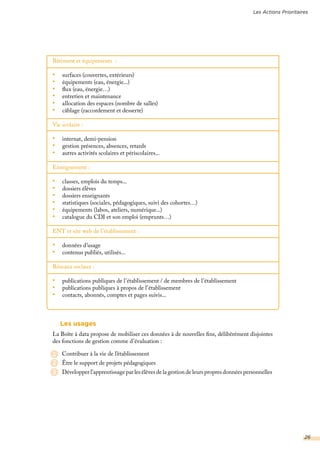 Bâtiment et équipements :
•	 surfaces (couvertes, extérieurs)
•	 équipements (eau, énergie...)
•	 flux (eau, énergie…)
•	 entretien et maintenance
•	 allocation des espaces (nombre de salles)
•	 câblage (raccordement et desserte)
Vie scolaire :
•	 internat, demi-pension
•	 gestion présences, absences, retards
•	 autres activités scolaires et périscolaires...
Enseignement :
•	 classes, emplois du temps...
•	 dossiers élèves
•	 dossiers enseignants
•	 statistiques (sociales, pédagogiques, suivi des cohortes…)
•	 équipements (labos, ateliers, numérique...)
•	 catalogue du CDI et son emploi (emprunts…)
ENT et site web de l’établissement :
•	 données d’usage
•	 contenus publiés, utilisés...
Réseaux sociaux :
•	 publications publiques de l’établissement / de membres de l’établissement
•	 publications publiques à propos de l’établissement
•	 contacts, abonnés, comptes et pages suivis...
Les usages
La Boîte à data propose de mobiliser ces données à de nouvelles fins, délibérément disjointes
des fonctions de gestion comme d’évaluation :
Contribuer à la vie de l’établissement
Être le support de projets pédagogiques
Développer l’apprentissage par les élèves de la gestion de leurs propres données personnelles
1
2
3
Les Actions Prioritaires
26
 