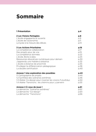 1 Présentation  
2 Les Visions Partagées   
L’école engageante et ouverte
L’école de l’autonomie
Le lycée à la mesure des élèves
3 Les Actions Prioritaires
La compétence collaboration
Des projets pour de vrai
La compétence données
L’école, Boite à data
Ressources éducatives numériques pour demain
J’apprends une matière à distance
L’école à distance de proximité
Privilégier la différenciation pédagogique
La double certification
Annexe 1 Une exploration des possibles   
1.1 Cartographie de projets
1.2 Synthèse des scénarios extrêmes
1.3 Atelier Co-design pour incarner les visions FuturEduc
1.4 Atelier Transitions : les chemins pour y parvenir
Annexe 2 À vous de jouer !
La démarche “Scénarios extrêmes”
La démarche “Co-design”
La démarche “Transitions”
Sommaire
p.4  
p.8   
p.9
p.11
p.13
p.16
p.17
p.19
p.22
p.25
p.30
p.32
p.35
p.38
p.40
p.43   
p.44
p.46
p.50
p.53
p.61
p.62
p.64
p.66
 