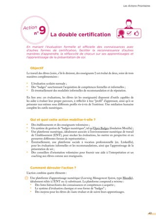La double certification
En mariant l’évaluation formelle et officielle des connaissances avec
d’autres formes de certification, faciliter la reconnaissance d’autres
manières d’apprendre, la réflexivité de chacun sur ses apprentissages et
l’apprentissage de la présentation de soi.
Objectif
Le travail des élèves (voire, s’ils le désirent, des enseignants !) est évalué de deux, voire de trois
manières complémentaires :
•	 L’évaluation scolaire normale ;
•	 Des “badges” sanctionnant l’acquisition de compétences formelles et informelles ;
•	 Et éventuellement des modalités informelles de recommandation et de réputation.
En lien avec ces évaluations, les élèves (et les enseignants) disposent d’outils capables de
les aider à évaluer leur propre parcours, à réfléchir à leur “profil” d’apprenant, ainsi qu’à se
présenter eux-mêmes sous différents profils vis-à-vis de l’extérieur. Une médiation humaine
complète les outils numériques.
Qui et quoi cette action mobilise-t-elle ?
•	 Des établissements et des enseignants volontaires ;
•	 Un système de gestion de “badges numériques”, tel qu’Open Badges (fondation Mozilla) ;
•	 Une plateforme numérique, idéalement associée à l’environnement numérique de travail
de l’établissement (ENT), pour stocker les évaluations, les mettre en perspective et en
permettre différentes formes de représentation ;
•	 Éventuellement, une plateforme sociale à vocation professionnelle (ex. LinkedIn),
pour les évaluations informelles et les recommandations, ainsi que l’apprentissage de la
présentation de soi ;
•	 Des conseillers d’orientation volontaires pour fournir une aide à l’interprétation et un
coaching aux élèves comme aux enseignants.
Comment dérouler l’action ?
L’action combine quatre éléments :
1 Une plateforme d’apprentissage numérique (Learning Management System, type Moodle),
idéalement reliée à l’ENT ou s’y substituant. La plateforme comprend a minima :
•	 Des listes hiérarchisées des connaissances et compétences à acquérir ;
•	 Le système d’évaluation classique et sous forme de “badges” ;
•	 Des moyens pour les élèves de s’auto-évaluer et de suivre leurs apprentissages.
Action
n°9
Les Actions Prioritaires
40
 