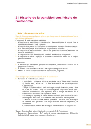 Acte 1 - incarner cette vision
Étape 1 : Pourquoi tout va changer, qu’est ce qui change entre la situation d’aujourd’hui et
celle du futur souhaitable ?
Changement de statut, de posture, de culture :
•	 Changement du statut du chef d’établissement - il a une obligation de moyens. Il est le
conducteur du bateau, il est le capitaine ;
•	 Changement de posture de l’enseignant : accompagnateur plutôt que donneur de savoir ;
faire avancer un groupe, le collectif et pas uniquement des individus ;
•	 Changement de posture de l’élève : constructeur, producteur de savoirs (notamment via
les outils numériques) ;
•	 Changement de statut des enseignants : favoriser la mobilité des enseignants ;
•	 Changement de culture : impliquer les parents et la communauté autour tout au long du
parcours des élèves.
L’évaluation :
•	 L’évaluation par note souvent synonyme de compétition, comparaison. il faudrait voir la
progression des élèves ;
•	 Comment s’auto-évaluer sans crainte d’être jugé ou de ne pouvoir passer ?
•	 Définir en amont des objectifs à atteindre avec les élèves, les parents.
Étape 2 : Quel objet pour incarner cette école de l’autonomie ?
•	 Le tableau de bord individuel /collectif :
D’autres éléments, objets qui ont été abordés pour cette école de l’autonomie :
•	 Les parcours d’apprentissage : il n’y a plus de niveaux mais des parcours différenciés,
individuels (pôle majeur-tronc commun, pôle mineur) ;
2 Histoire de la transition vers l’école de
l’autonomie
« individuel » : permet de suivre sa progression, ce qu’il faut revoir, comment
s’y prendre pour y arriver, etc. Les datas au service de son parcours personnel
d’apprentissage.
Exemple de tableau de bord : sur le modèle par exemple du « Bullet journal », liste
de tâches, des activités... où je vais, comment j’y vais, où j’en suis, faire le point,
m’évaluer, m’auto-évaluer (sans jugement). Mais il manque les données sur la
dimension de co-construction, l’apport des autres.
« collectif » pour le pilotage du navire : des indicateurs tels que le climat de confiance,
révélant plutôt des actions, la collaboration entre professeurs, avec les parents.
Le tableau de bord collectif pourrait permettre à l’échelle d’une ville/région
de connaître les «  spécificités » de chaque école en terme de compétences, de
collaboration…
Ce tableau de bord pourrait être utilisé pour la formation tout au long de la vie.
Une exploration des possibles
55
 