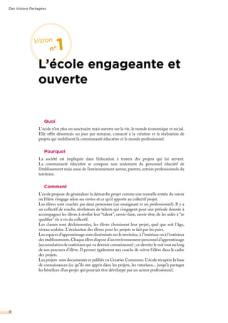 Quoi
L’ école n’est plus un sanctuaire mais ouverte sur la vie, le monde économique et social.
Elle offre désormais un jour par semaine, consacré à la création et la réalisation de
projets qui mobilisent la communauté éducative et le monde professionnel.
Pourquoi
La société est impliquée dans l’éducation à travers des projets qui lui servent.
La communauté éducative se compose non seulement du personnel éducatif de
l’établissement mais aussi de l’environnement autour, parents, acteurs professionnels du
territoire.
Comment
L’école propose de généraliser la démarche projet comme une nouvelle entrée du savoir
où l’élève s’engage selon ses envies et ce qu’il apporte au collectif projet.
Les élèves sont coachés par deux personnes (un enseignant et un professionnel). Il y a
un collectif de coachs, révélateurs de talents qui s’engagent pour une période donnée à
accompagner les élèves à révéler leur “talent”, savoir-faire, savoir-être, de les aider à “se
qualifier” vis à vis du collectif.
Les classes sont décloisonnées, les élèves choisissent leur projet, quel que soit l’âge,
niveau scolaire. L’évaluation des élèves pour les projets se fait par les pairs.
Les espaces d’apprentissage sont disséminés sur le territoire, à l’intérieur ou à l’extérieur
des établissements. Chaque élève dispose d’un environnement personnel d’apprentissage
(accumulation de matériaux qui va devenir connaissance) ; ce dernier le suit tout au long
de son parcours d’élève. Il permet également aux coachs de suivre l’élève dans le cadre
des projets.
Les projets sont documentés et publiés en Creative Commons. L’école récupère la base
de connaissances (ce qu’ils ont appris dans les projets, les tutoriaux... jusqu’à partager
les bénéfices d’un projet qui pourrait être développé par un acteur professionnel.
Des Visions Partagées
9
Vision
n°1
L’école engageante et
ouverte
 