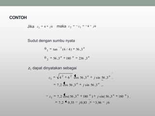 CONTOH

         Jika   z1   4       j6     maka           z2               z1         4           j6




         Sudut dengan sumbu nyata
                                          1                              o
                         1        tan         (6 / 4)           56 ,3

                                          o                o                   o
                         2        56 ,3           180                236 ,3

         z1 dapat dinyatakan sebagai
                                              2        2                       o                         o
                             z1         4          6           cos 56 , 3                  j sin 56 ,3
                                                                o                               o
                                    7 , 2 cos 56 , 3                     j sin 56 ,3

                                                                 o                 o                            o         o
                             z1     7 , 2 cos( 56 , 3                    180           )        j sin( 56 , 3       180       )
                                        7 ,2       0 , 55            j 0 ,83                3 , 96     j6
 