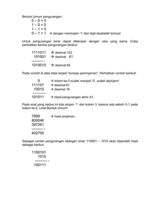 Bentuk Umum pengurangan :
0 – 0 = 0
1 – 0 = 0
1 – 1 = 0
0 – 1 = 1  dengan meminjam ‘1’ dari digit disebelah kirinya!
Untuk pengurangan biner dapat dilakukan dengan cara yang sama. Coba
perhatikan bentuk pengurangan berikut:
1111011  desimal 123
101001  desimal 41
--------- -
1010010  desimal 82
Pada contoh di atas tidak terjadi “konsep peminjaman”. Perhatikan contoh berikut!
0  kolom ke-3 sudah menjadi ‘0’, sudah dipinjam!
111101  desimal 61
10010  desimal 18
------------ -
101011  Hasil pengurangan akhir 43 .
Pada soal yang kedua ini kita pinjam ‘1’ dari kolom 3, karena ada selisih 0-1 pada
kolom ke-2. Lihat Bentuk Umum!
7999  hasil pinjaman
800046
397261
--------- -
402705
Sebagai contoh pengurangan bilangan biner 110001 – 1010 akan diperoleh hasil
sebagai berikut:
1100101
1010
---------- -
100111
 