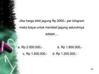 Jika harga bibit jagung Rp 2000,- per kilogram maka biaya untuk membeli jagung seluruhnya   adalah… a. Rp 2.000.000,- b. Rp 1.800.000,- c. Rp 1.500.000,-   d. Rp 1.200.000,- 