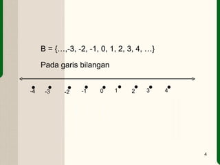 B = {…,-3, -2, -1, 0, 1, 2, 3, 4, …} Pada garis bilangan 0 -1 -2 -3 1 2 3 4 -4          