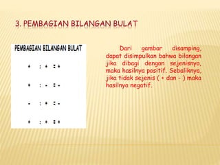 3. PEMBAGIAN BILANGAN BULAT
Dari gambar disamping,
dapat disimpulkan bahwa bilangan
jika dibagi dengan sejenisnya,
maka hasilnya positif. Sebaliknya,
jika tidak sejenis ( + dan - ) maka
hasilnya negatif.
 