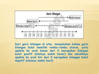 Dari garis bilangan di atas, menjelaskan bahwa garis
bilangan bulat memiliki rambu-rambu aturan, yaitu
apabila ke arah kanan dari 0 merupakan bilangan
bulat positif (nilainya makin besar) dan sebaliknya
apabila ke arah kiri dari 0 merupakan bilangan bulat
negatif (nilainya makin kecil)
 