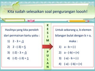 Kita sudah selesaikan soal pengurangan loooh!
Hasilnya yang kita peroleh
dari permainan kartu yaitu :
1) 2 - 3 = -1
2) 2 - (-3) = 5
3) (-2) - 3 = -5
4) (-2) - (-3) = 1
Untuk sebarang a, b elemen
bilangan bulat dengan b > a,
maka :
1) a - b = (-)
2) a - (-b) = (+)
3) (-a) - b = (-)
4) (-a) - (-b) = (+)
 