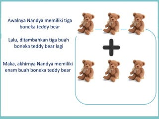 Awalnya Nandya memiliki tiga
boneka teddy bear
Maka, akhirnya Nandya memiliki
enam buah boneka teddy bear
Lalu, ditambahkan tiga buah
boneka teddy bear lagi
 