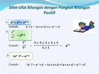 Sifat-sifat Bilangan dengan Pangkat Bilangan
Positif
1.
Contoh : 53 x 51 = (5 x 5 x 5) x 5 = 53+1 = 54
2.
Contoh : = = 45-2
3.
Contoh : (43 )2 = 43 x 43 = (4 x 4 x 4) x (4 x 4 x 4) = 43+3 = 46
ap x aq = ap+q
= ap-q
(ap )q = ap q
 