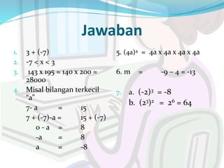 Jawaban
1. 3 + (-7)
2. -7 < x < 3
3. 143 x 195 ≈ 140 x 200 ≈
28000
4. Misal bilangan terkecil
“a”
7- a = 15
7 + (-7)-a = 15 + (-7)
0 - a = 8
-a = 8
a = -8
5. (4a)4 = 4a x 4a x 4a x 4a
6. m = -9 – 4 = -13
7. a. (-2)3 = -8
b. (23)2 = 26 = 64
 